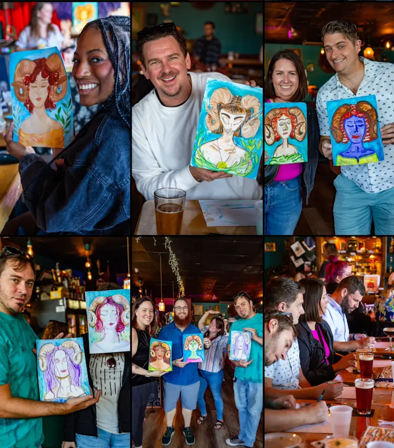Friends gathered at Revelry in Pompano Beach enjoying cocktails, at paint and sip event in Pompano Beach.